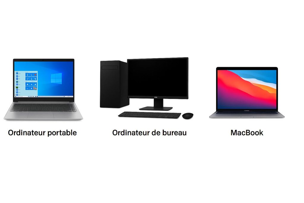 Ordinateur portable, PC de bureau et MacBook côte à côte, illustrant les services de réparation informatique proposés par RepairMobilis