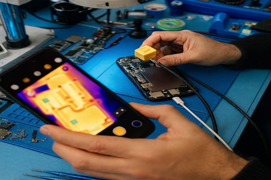 Technicien RepairMobilis réalisant un diagnostic thermique sur smartphone en atelier de réparation mobile
